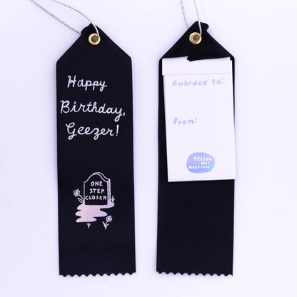 Award Ribbon; Happy Birthday Geezer (Black With Silver Foil)