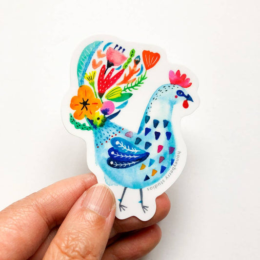 Vinyl Sticker; Blue Flower Rooster