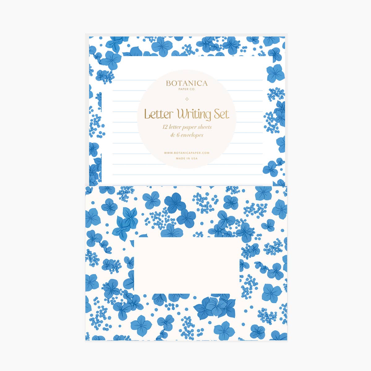 Letter Writing Set; Blue Hydrangea By Botanica Paper Co. (12 Letters + 6 Envelopes)