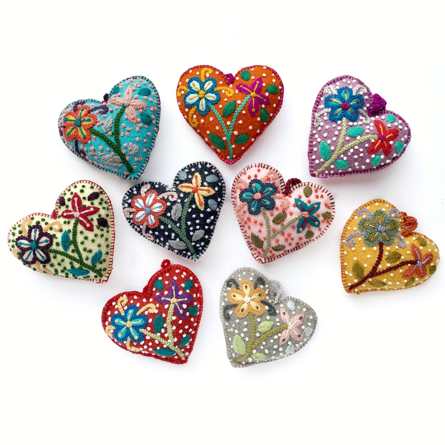 Embroidered Ornament; Colorful Hearts (Handmade)