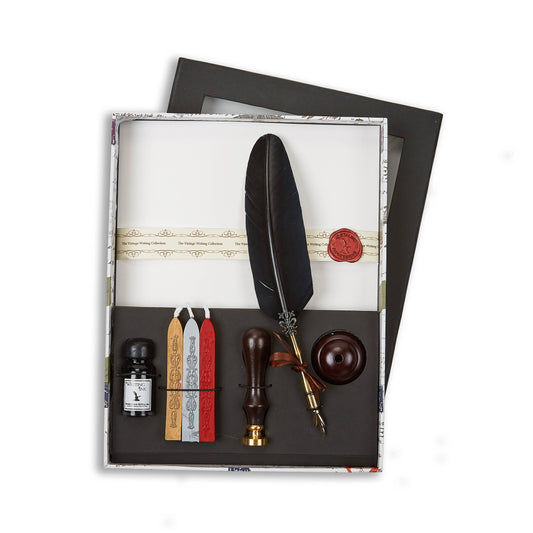 Writing Set; Wax Seal & Quill Pen Set with Linen Stationery (Black Quill, 3 Flexible Wax Sealing Sticks)