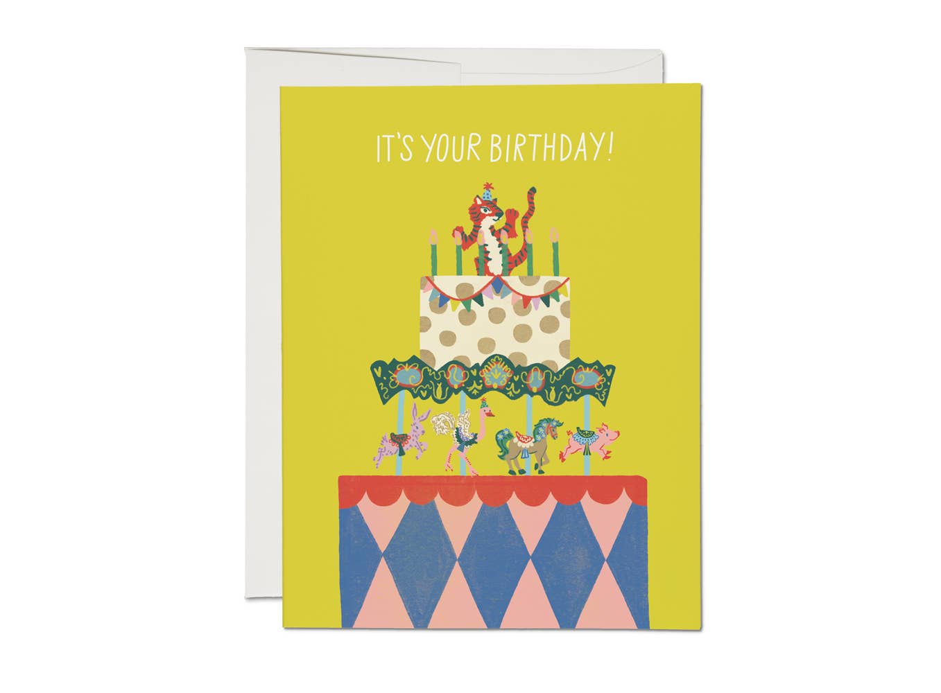 It's your birthday printed above a cake with an animal carousel beneath the cake. A fun tiger dancing on top of the cake. 