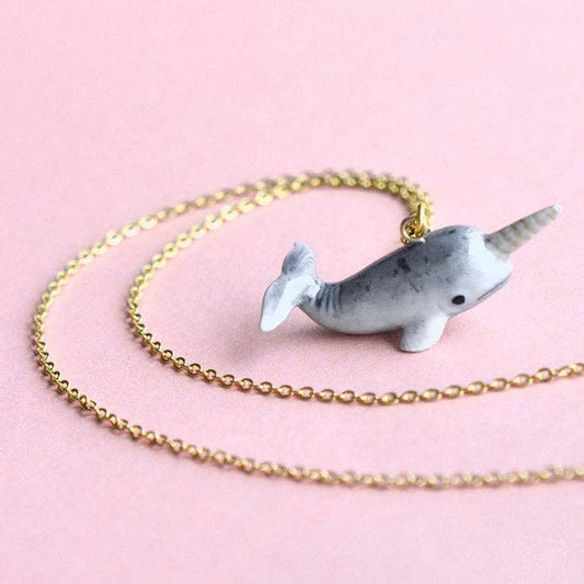 Necklace; Narwhal By Camp Hollow (24k Gold Steel Chain, Hand-Painted Porcelain)