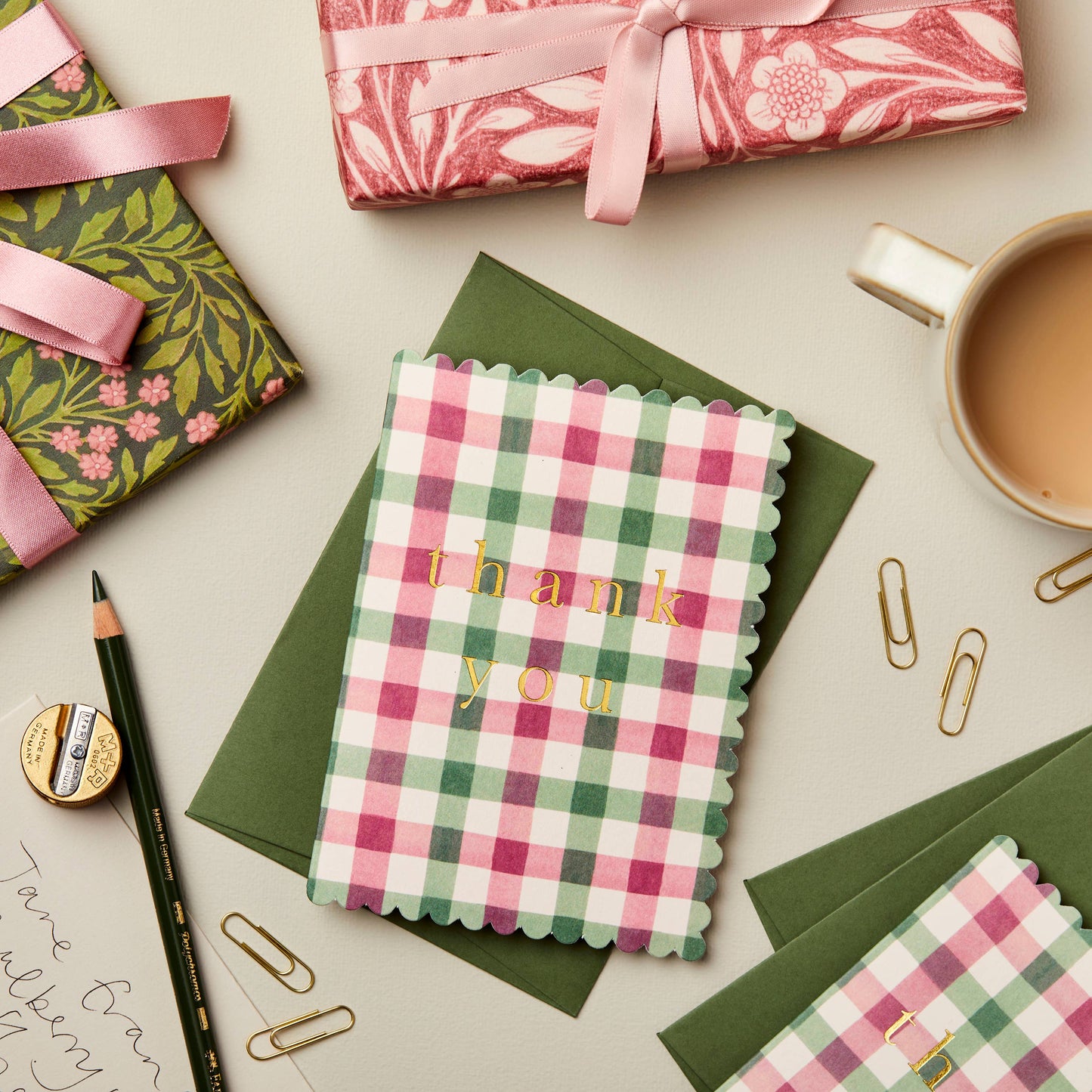 Thank You Card; Pink & Green Gingham By Wanderlust Paper Co.