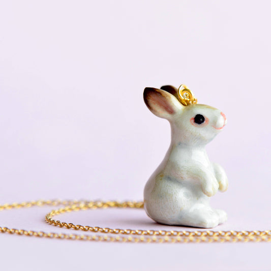 Necklace; Royal White Rabbit By Camp Hollow (24K Gold Steel Chain, Hand-Painted Porcelain)