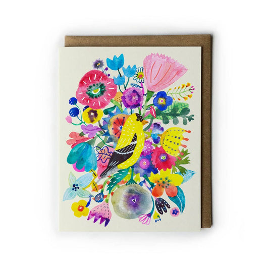 Greeting Card; Goldfinch & Flowers