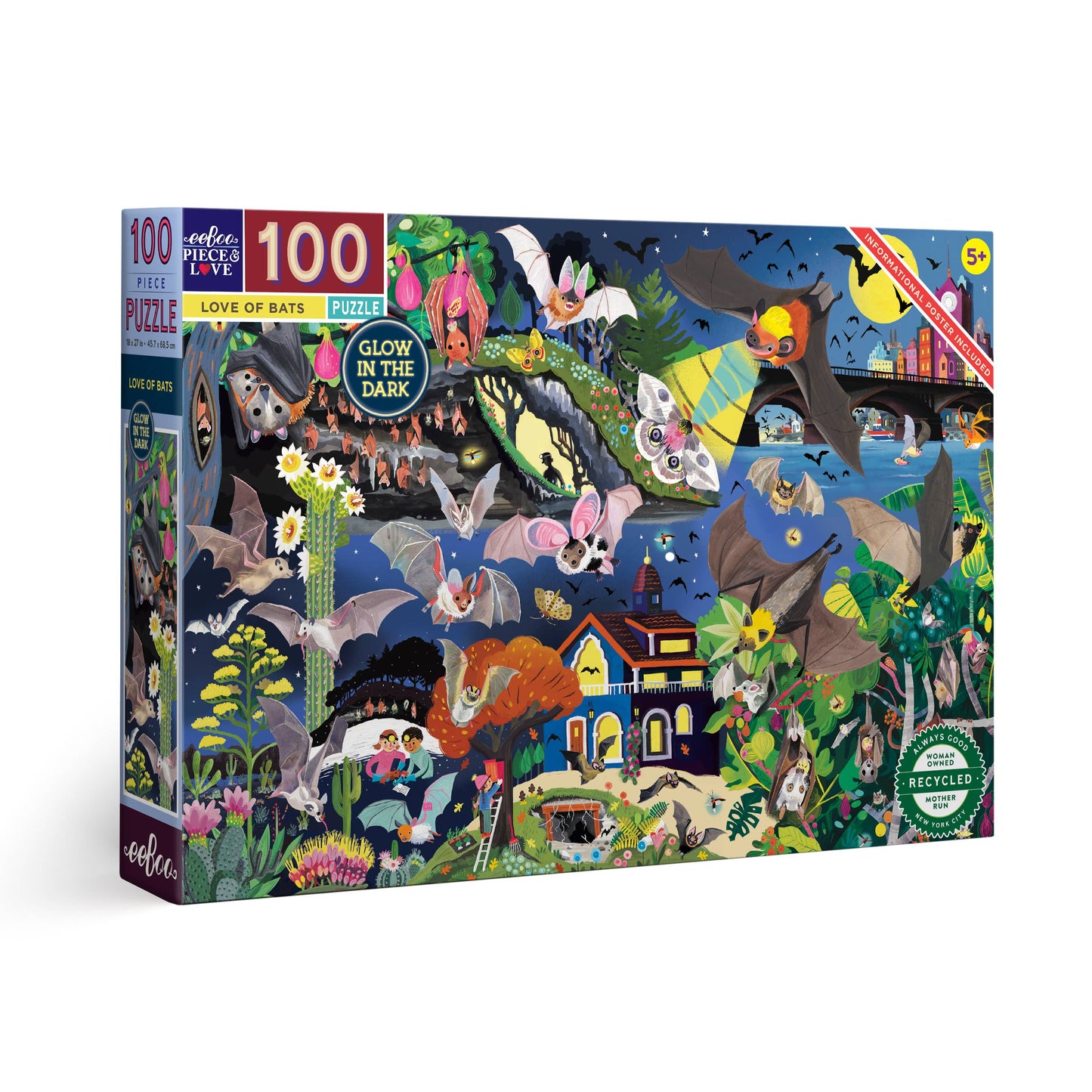 Eeboo 100 Piece Glow in the Dark Puzzle; Love of Bats