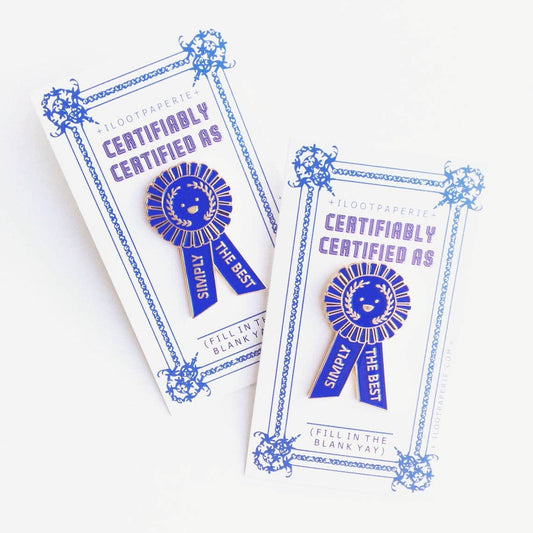 Enamel Pin; Simply the Best Blue Ribbon (Fill in Blank Back)