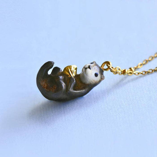 Necklace; River Otter By Camp Hollow (24K Gold Steel Chain, Hand-Painted Porcelain)