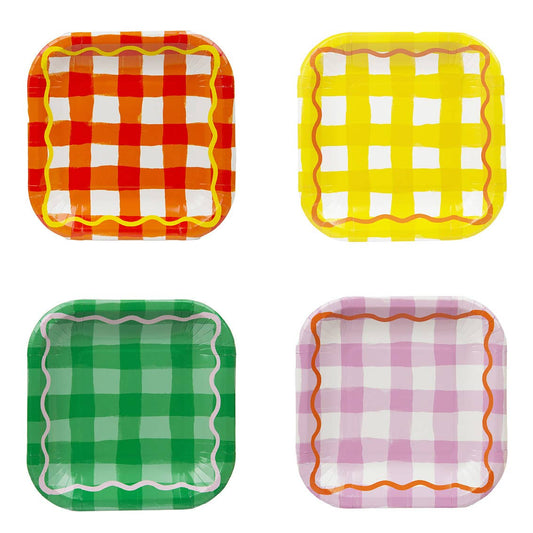 Square Paper Plates; Multi-Colored Gingham (Pack of 12)