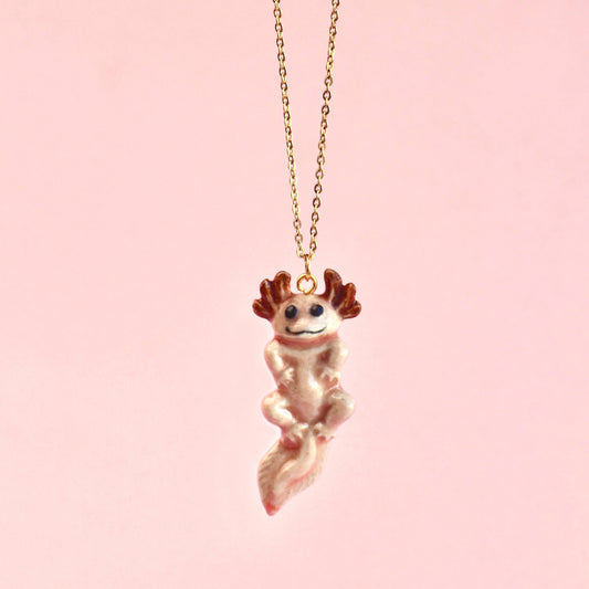 Necklace; Axolotl By Camp Hollow (Hand-Painted Porcelain, 24K Gold Steel Chain)