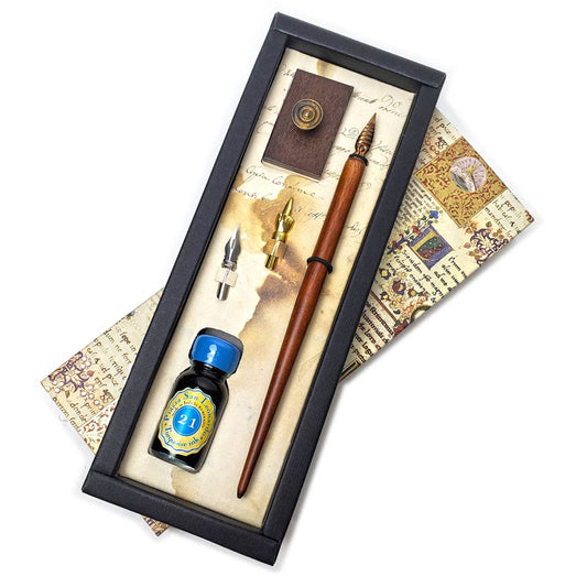 Calligraphy Dip Pen Set with Blotter, Blue Ink and Two Nibs (Gold & Silver)